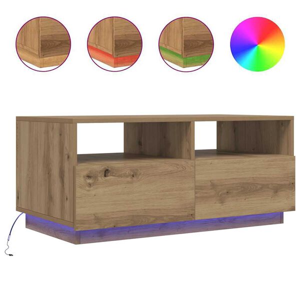 vidaXL Klubska mizica z LED lučkami artisan hrast 90x49x40 cm