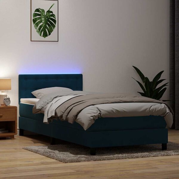vidaXL Box spring postelja z vzmetnico LED temno modra 80x220 cm žamet