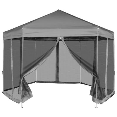 vidaXL Šestkoten Pop-Up šotor s 6 stenami sive barve 3,6x3,1 m