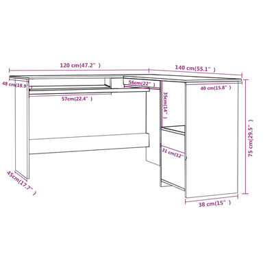 vidaXL Kotna miza L-oblike črna 120x140x75 cm iverna plošča