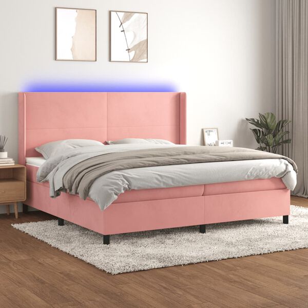 vidaXL Box spring postelja z vzmetnico LED roza 200x200 cm žamet