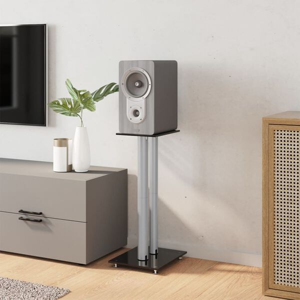 vidaXL Stojalo za zvočnik 2 kosa črno srebrno kaljeno steklo 2 stebra