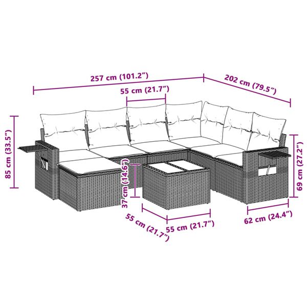 vidaXL Vrtna sedežna garnitura 8-delna z blazinami sv. siv poli ratan