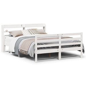 vidaXL Posteljni okvir z vzglavjem bel 135x190 cm trdna borovina
