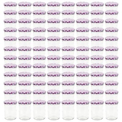 vidaXL Stekleni kozarci z belimi in vijoličnimi pokrovi 96 kosov 400ml