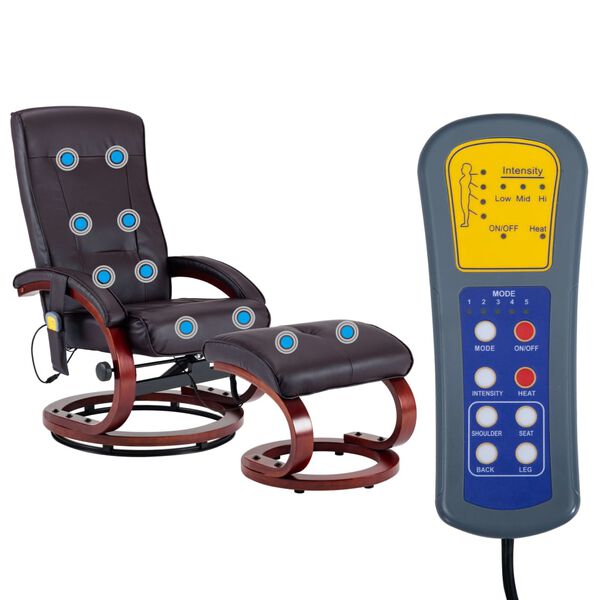 vidaXL Masažni fotelj s stolčkom za noge rjav iz umetnega usnja