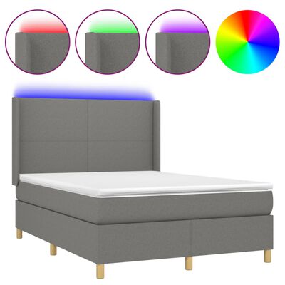 vidaXL Box spring postelja z vzmetnico LED temno siva 140x190 cm blago