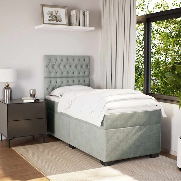 vidaXL Box spring postelja z vzmetnico svetlo siva 90x200 cm žamet