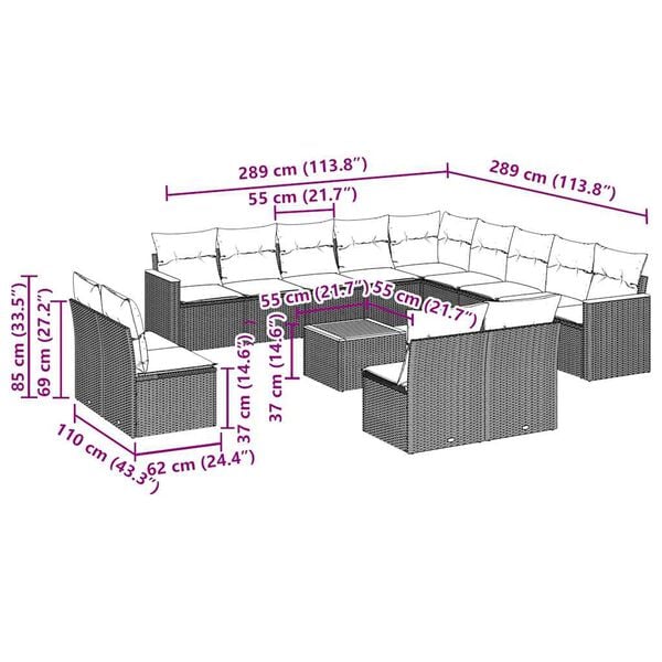 vidaXL Vrtna sedežna garnitura 14-delna z blazinami črn poli ratan