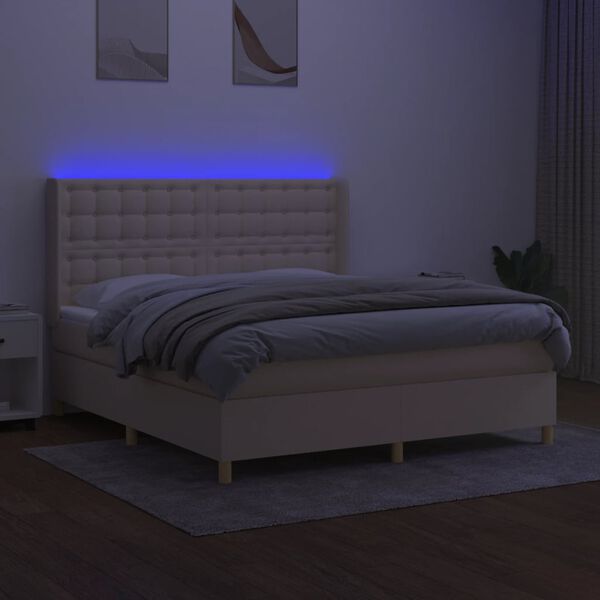 vidaXL Box spring postelja z vzmetnico LED krem 180x200 cm blago