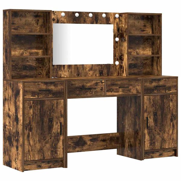 vidaXL Komplet mize za ličenje z LED s predalom 3 pcs Dimljeni oreh