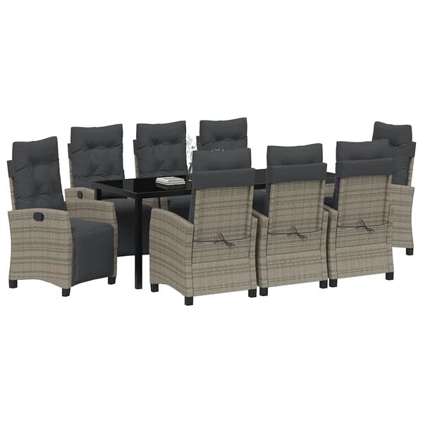 vidaXL Komplet za jedilnico v vrtu z blazino 9 pcs Siva poli ratan
