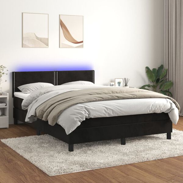 vidaXL Box spring postelja z vzmetnico LED črna 140x190 cm žamet
