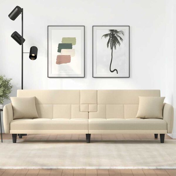 vidaXL Raztegljiv kavč z držali za skodelice krem blago