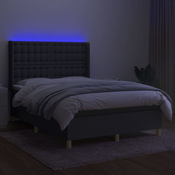 vidaXL Box spring postelja z vzmetnico LED temno siva 140x200 cm blago