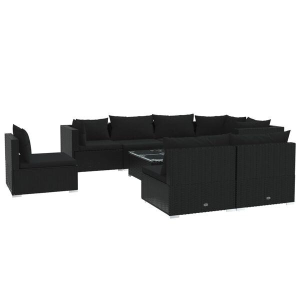 vidaXL Vrtna sedežna garnitura 9-delna z blazinami poli ratan črna