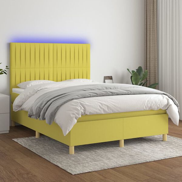 vidaXL Box spring postelja z vzmetnico LED zelena 140x200 cm blago
