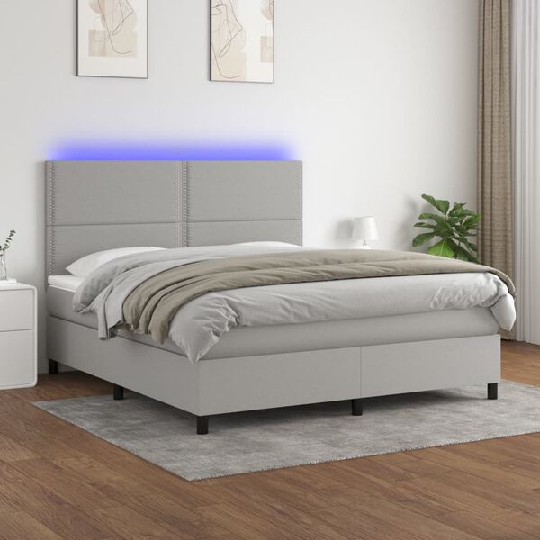 vidaXL Box spring postelja z vzmetnico LED sv. siva 180x200 cm blago