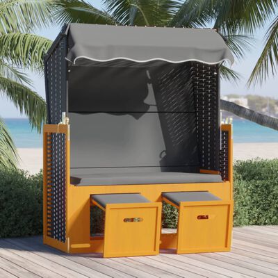 vidaXL Stol za na plažo s streho poli ratan in trden les črn antracit