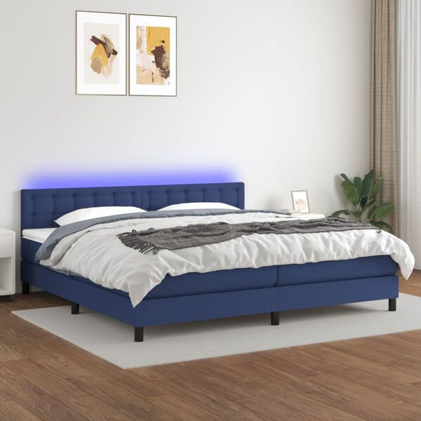 vidaXL Box spring postelja z vzmetnico LED modra 200x200 cm blago