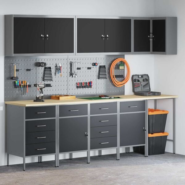 vidaXL Set delovnih omar s predalom s polico 12 pcs Črna in siva