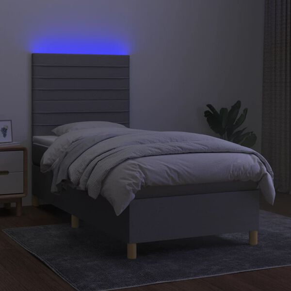 vidaXL Box spring postelja z vzmetnico LED svetlo siva 90x200 cm blago