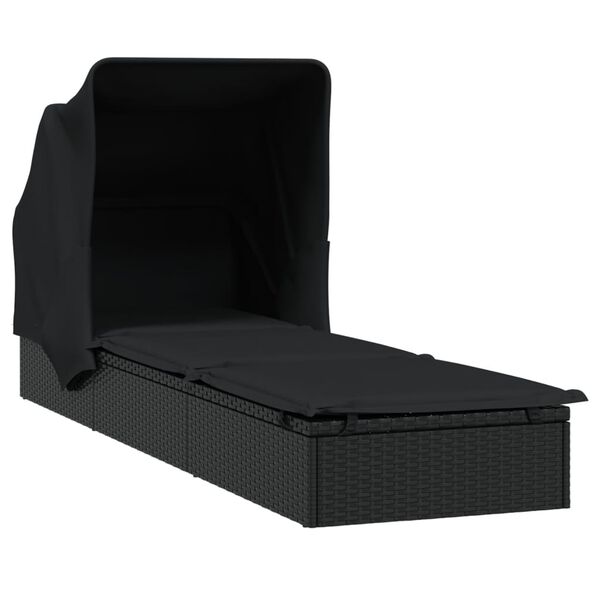 vidaXL Vrtni ležalnik z zložljivo streho črn 213x63x97 cm poli ratan