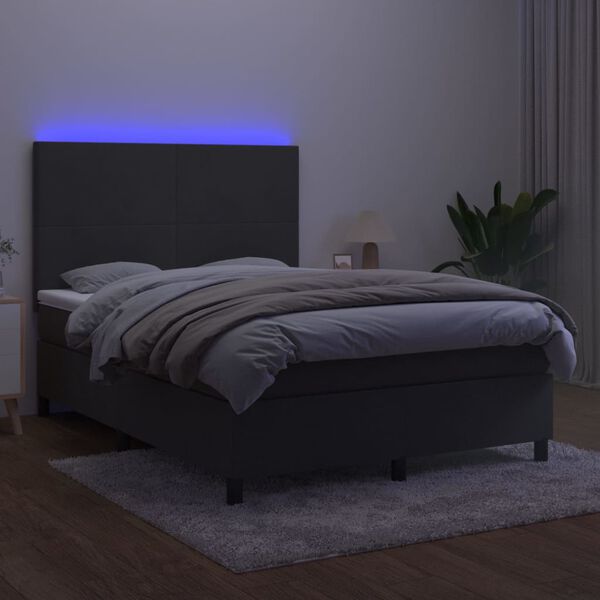 vidaXL Box spring postelja z vzmetnico LED temno siva 140x190 cm žamet