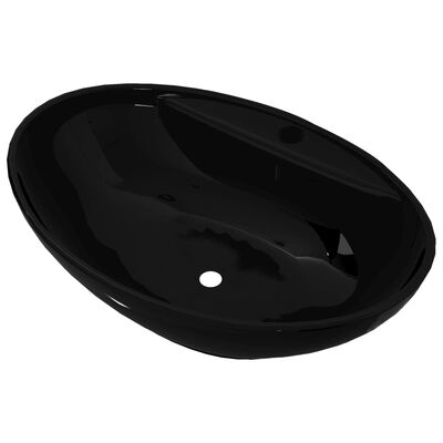 Črn Keramični Kopalniški Umivalnik z Odprtino Proti Prelivanju Ovalen