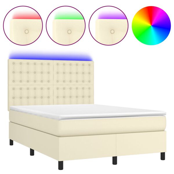 vidaXL Box spring postelja z vzmetnico LED krem 140x200cm umetno usnje