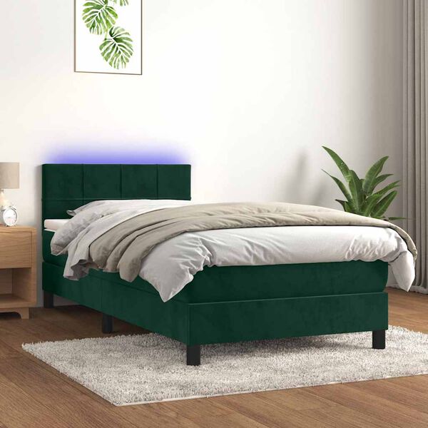 vidaXL Box spring postelja z vzmetnico LED tem. zelena 80x200 cm žamet