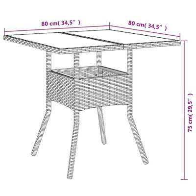vidaXL Vrtna miza s stekleno ploščo siva 80x80x75 cm poli ratan
