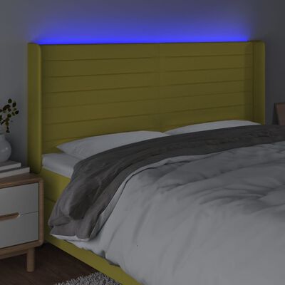 vidaXL LED posteljno vzglavje zeleno 163x16x118/128 cm blago