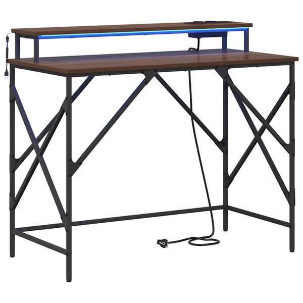 vidaXL Miza z LED lučmi Rjav hrast 100 x 50 x 86,5 cm Konstruiran les