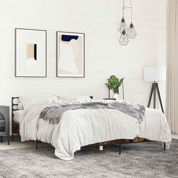 vidaXL Posteljni okvir dimljeni hrast 150x200 cm inž. les in kovina