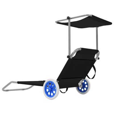 vidaXL Zložljiv ležalnik s streho in kolesi jeklo črn