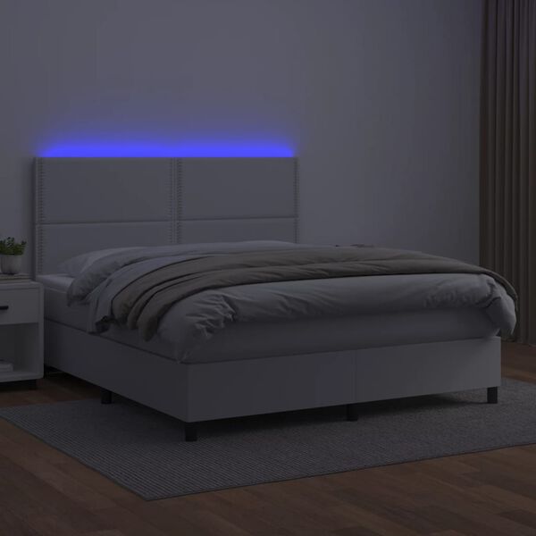 vidaXL Box spring postelja z vzmetnico LED bela 180x200cm umetno usnje