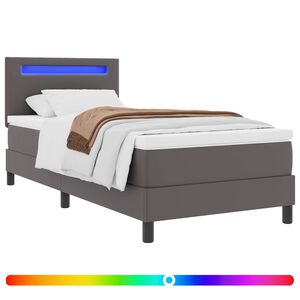 vidaXL Postelja z vzmetnico z LED trakami Siva 90 x 190 cm Umetna koža