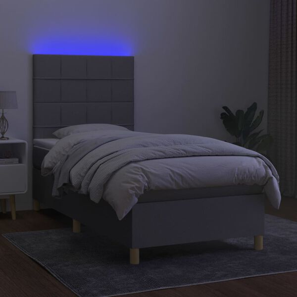 vidaXL Box spring postelja z vzmetnico LED svetlo siva 90x190 cm blago