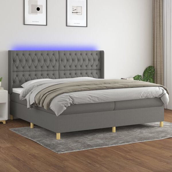 vidaXL Box spring postelja z vzmetnico LED temno siva 200x200 cm blago