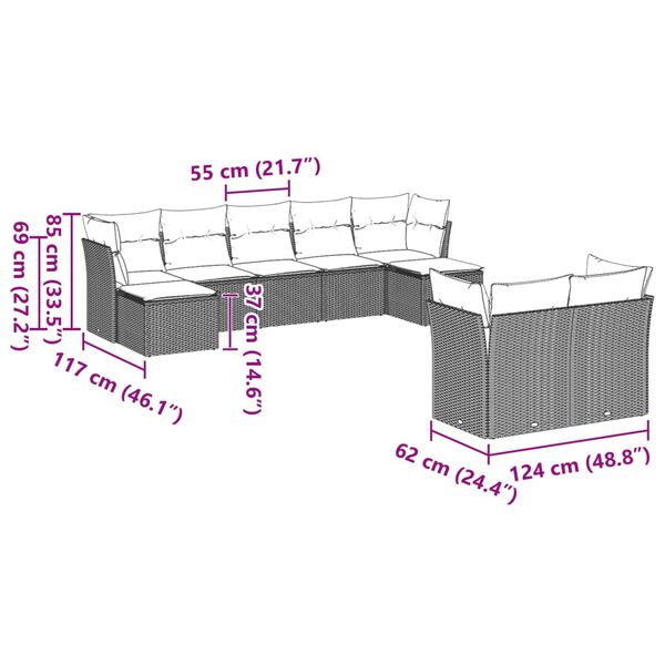 vidaXL Vrtna sedežna garnitura 9-delna z blazinami sv. siv poli ratan