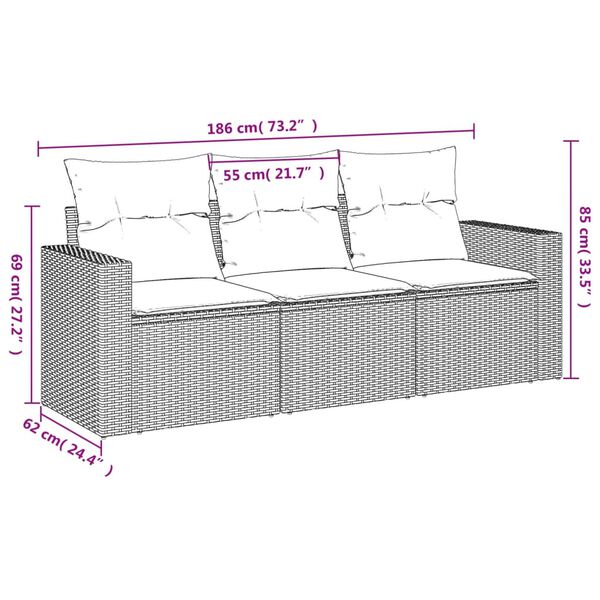 vidaXL Vrtna sedežna garnitura 3-delna z blazinami siv poli ratan