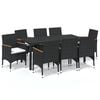 vidaXL Vrtna jedilna garnitura 9-delna z blazinami črn poli ratan