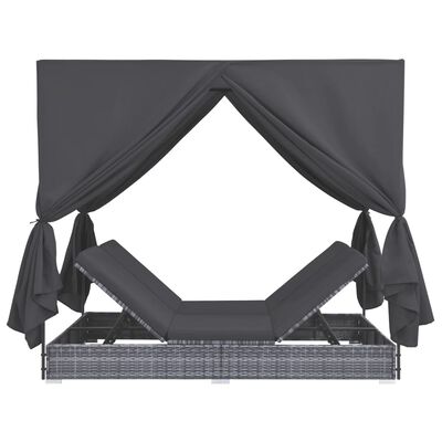 vidaXL Zunanja postelja z zavesami poli ratan siva