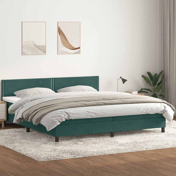 vidaXL Box spring postelja z vzmetnico temno zelena 180x220 cm žamet