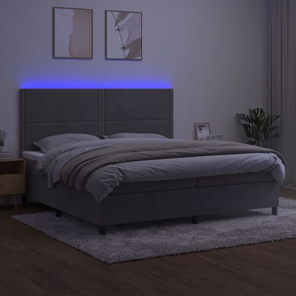 vidaXL Box spring postelja z vzmetnico LED svetlo siva 200x200cm žamet