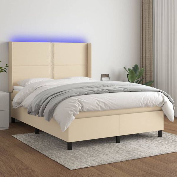 vidaXL Box spring postelja z vzmetnico LED krem 140x190 cm blago