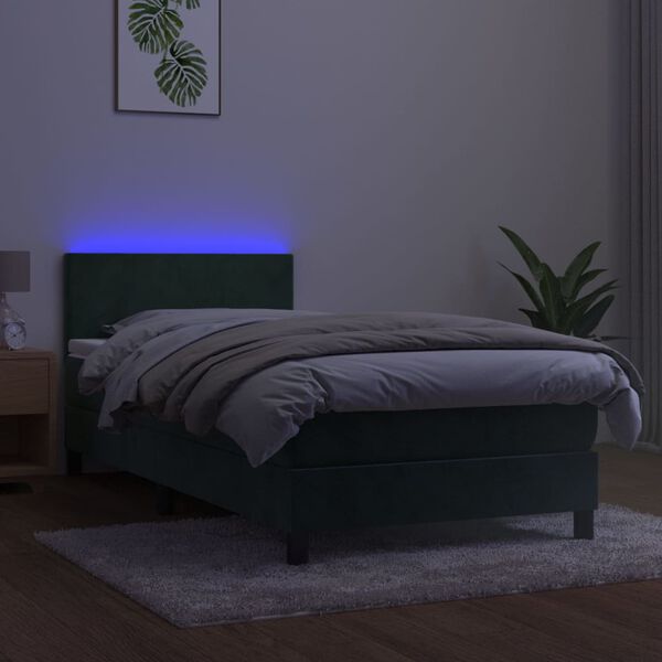 vidaXL Box spring postelja z vzmetnico LED tem. zelena 90x190 cm žamet