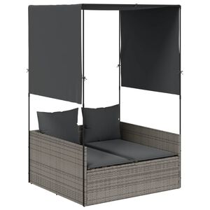 vidaXL Dvojni ležalnik s streho in zavesami siv poli ratan