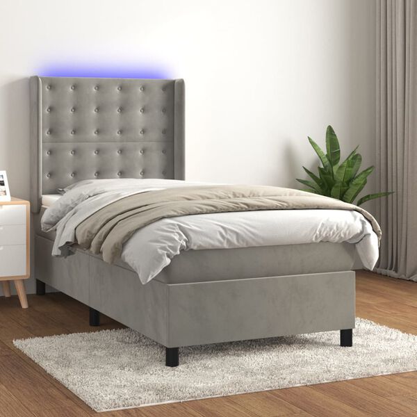 vidaXL Box spring postelja z vzmetnico LED svetlo siva 80x200 cm žamet